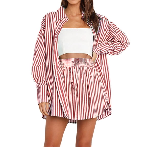 WAYUTE Womens 2 Piece Outfits Spring Summer Temperament Lace Up Fashion Stripe Long Sleeve Shirt Shorts Split Set Casual Daily Wear
