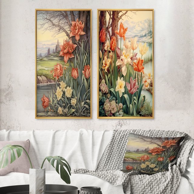 Designart "Illustration Rétro Tulipes Rouges en Fleurs III" Art Mural Encadré Fleurs Sauvages Ensemble de 2 - Art Mural Encadré Traditionnel Rouge Ensemble de 2