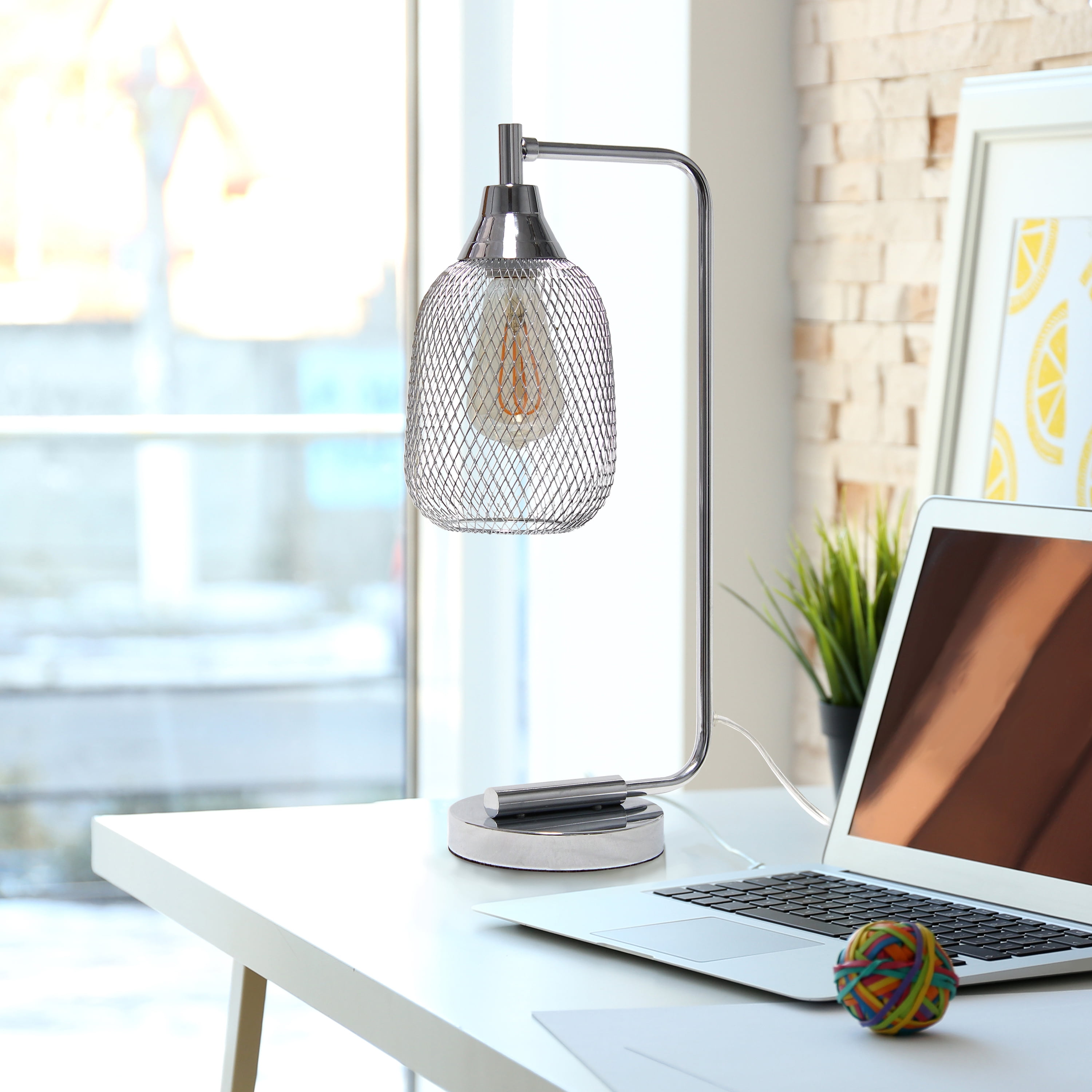 Elegant Designs 19" Industrial Mesh Wire Desk Lamp with LED Bulb, Chrome