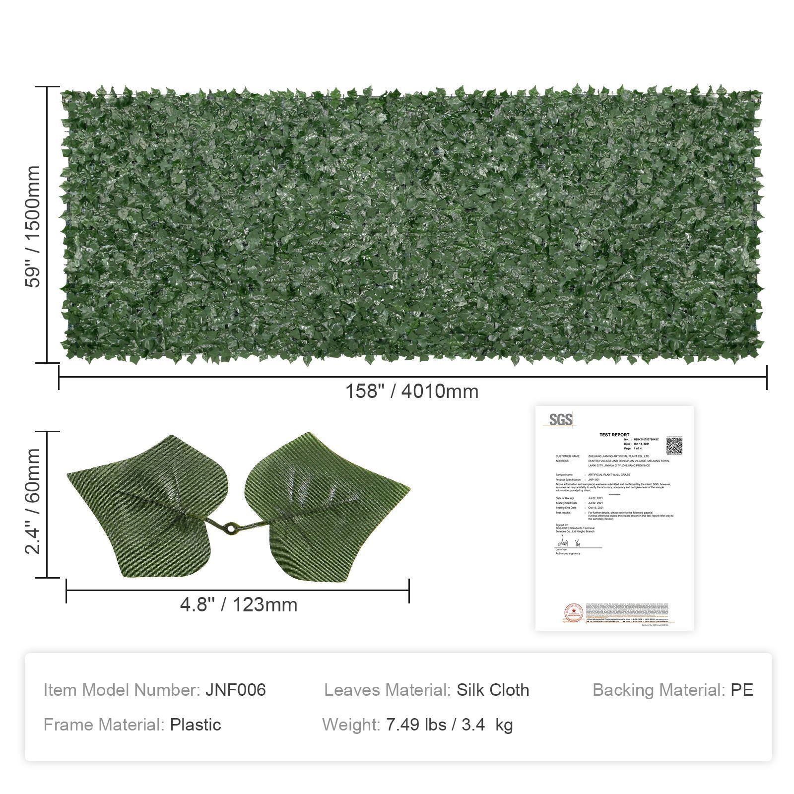 Artificial Ivy Privacy Fence 59" x 158", Fade-Resistant Silk Leaves, Dense Screening, UV Protected, for Garden Balcony Patio