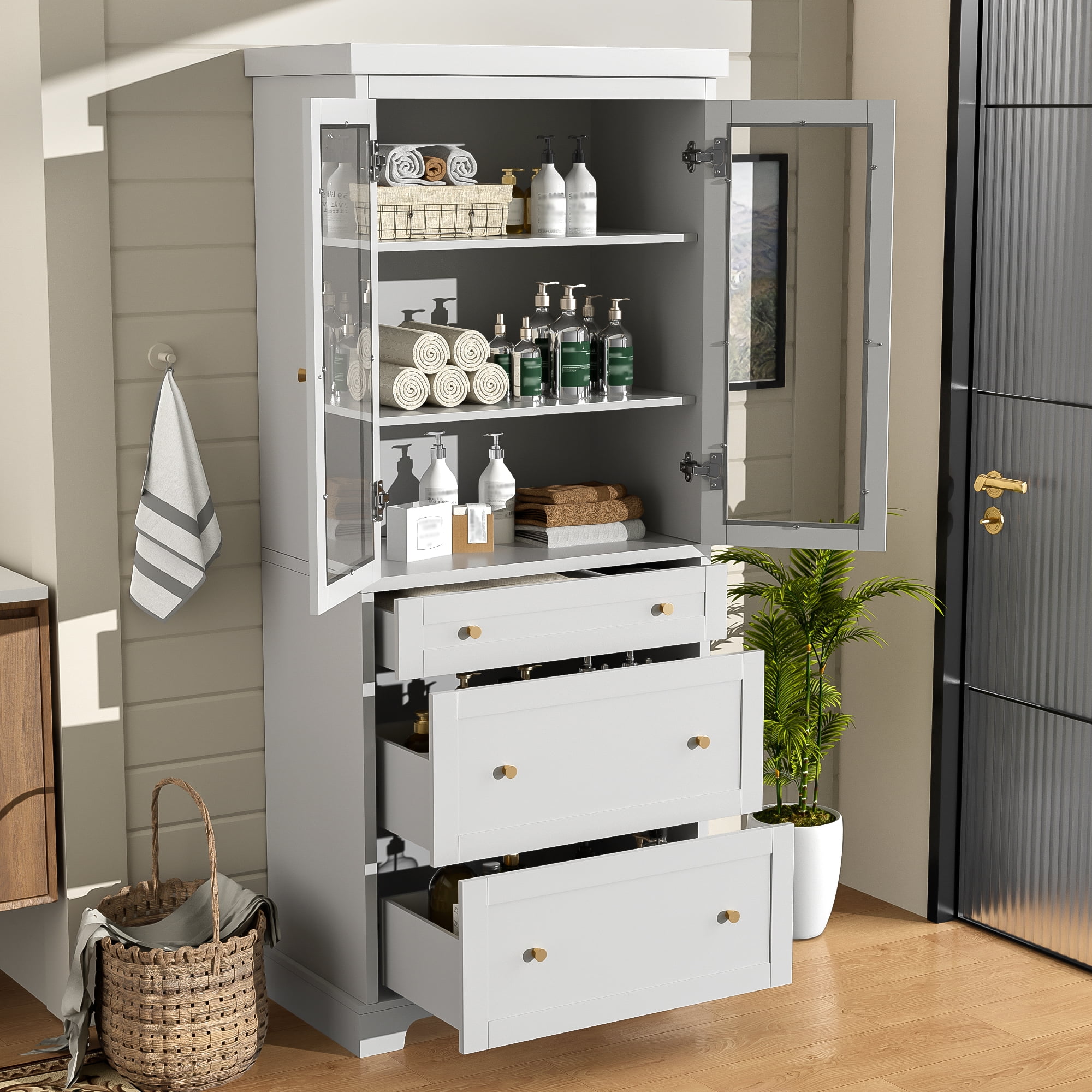 Euroco 70.1" Modern High Freestanding Tall Bathroom Cabinet with 2 Adjustable Shelves, 3 Drawers, Soft Close Glass Doors – Ideal for Bathroom, Living Room, Kitchen Storage