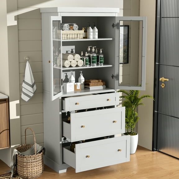 Nmkwnr Freestanding Tall Bathroom Cabinet with 2 Shelves and 3 Drawers and 2 Soft Close Glass Doors, 70.1" High Storage Cabinet for Bathroom, Living Room, Kitchen, White