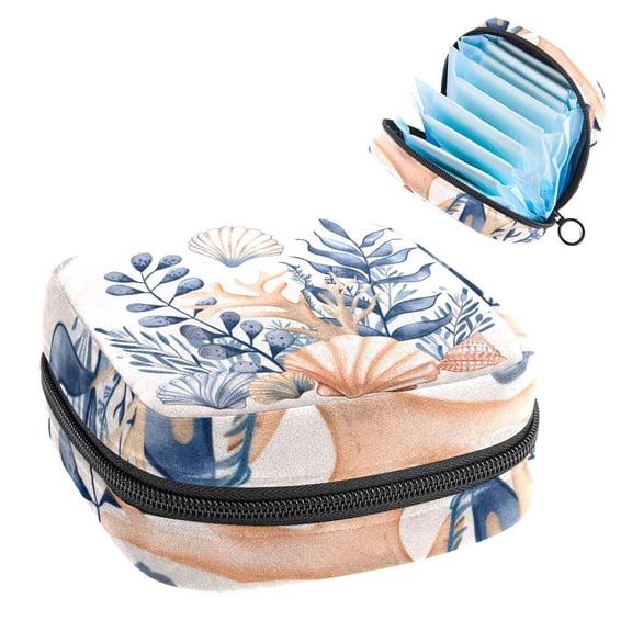 Sanitary Napkin Storage Bag for Girls Women, Portable First Period Pads Bag Tampons Holder Girls Travel Makeup Bag, Large Capacity Underwater Seashells Corals