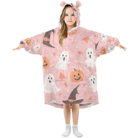 FORMRS Wearable Blanket Hoodie with Sleeves for Kids Cozy Flannel Sweatshirt, Cute Pink Halloween
