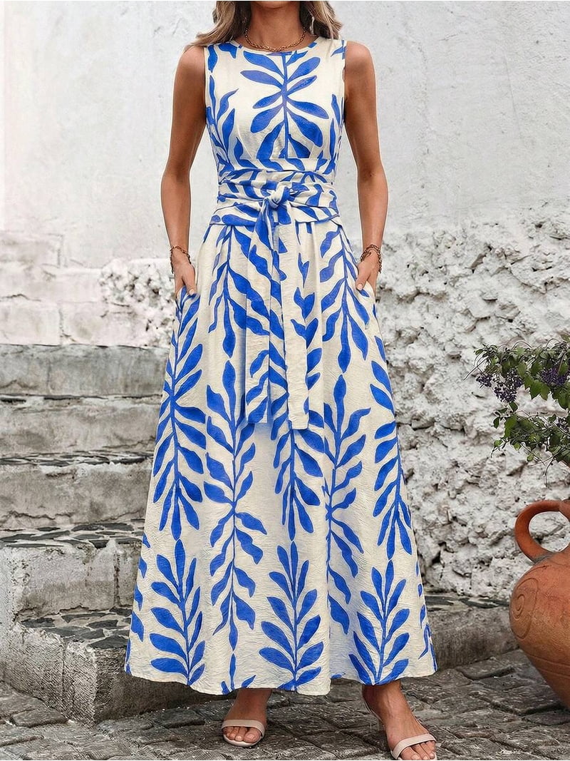 a line cinched waist dress Blue Womens Sleeveless Round Neck A-Line Maxi With Leaf Print And Tie Waist Pockets SIZE:XS cup B gently shaped silhouette skims thankful24 Blush/Pink A Line Lace