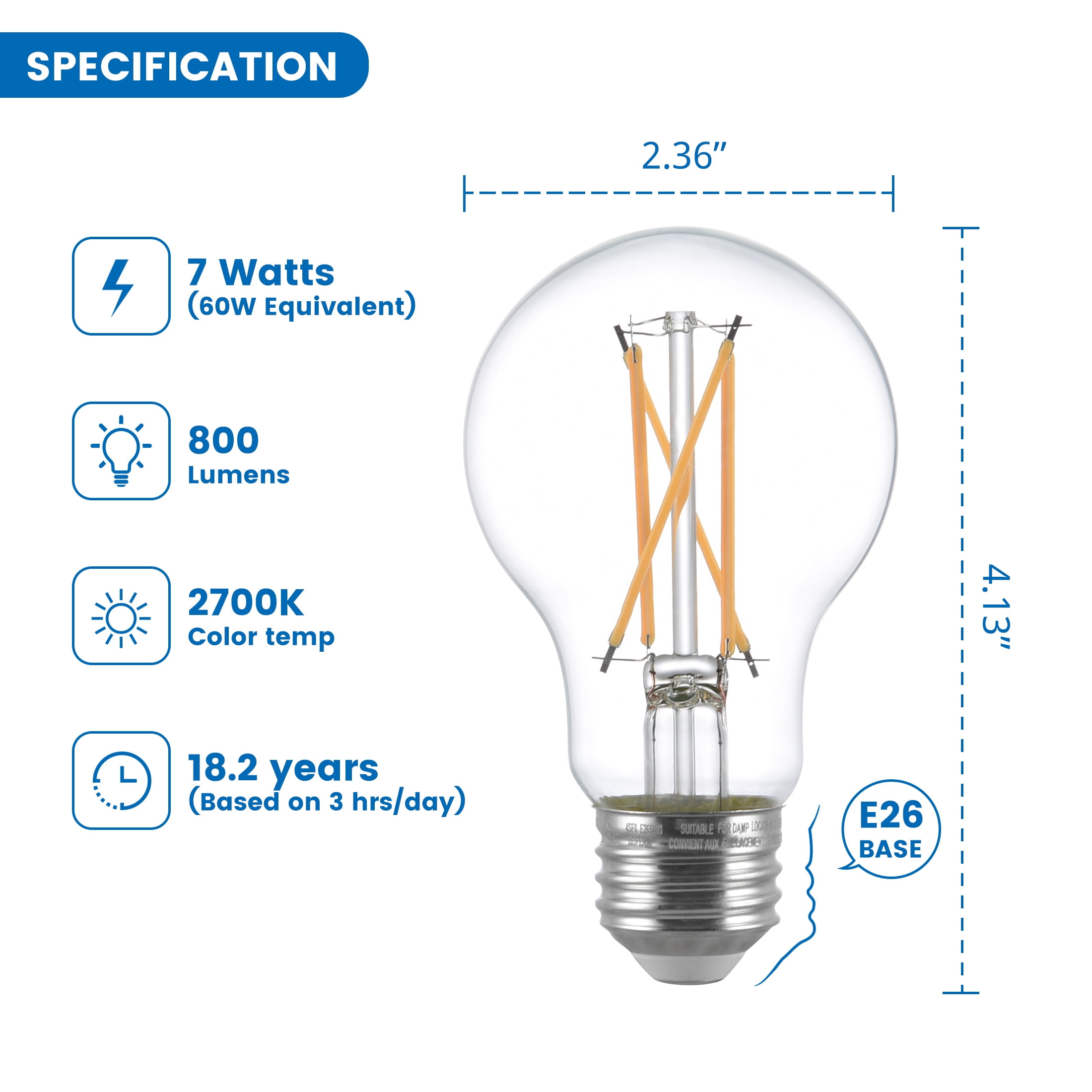 Great Value 18YR A19 LED Light Bulb, 7W (60W Equivalent) Dimmable Soft White E26 Medium Base 24 Pack