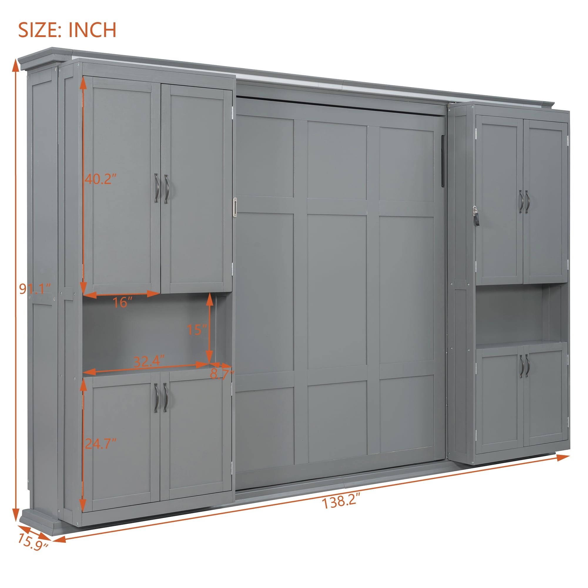 Queen Size Murphy Bed with Dual Sliding Storage Cabinets, 6-Tier Open Shelves, Space-Saving for Small Space, Guest Room