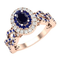 Dazzlingrock Collection 6X4mm Oval Blue Sapphire with Round Blue Sapphire & White Diamond Interweaving Double Halo Wedding Ring for Women in 10K Rose Gold, Size 6.5