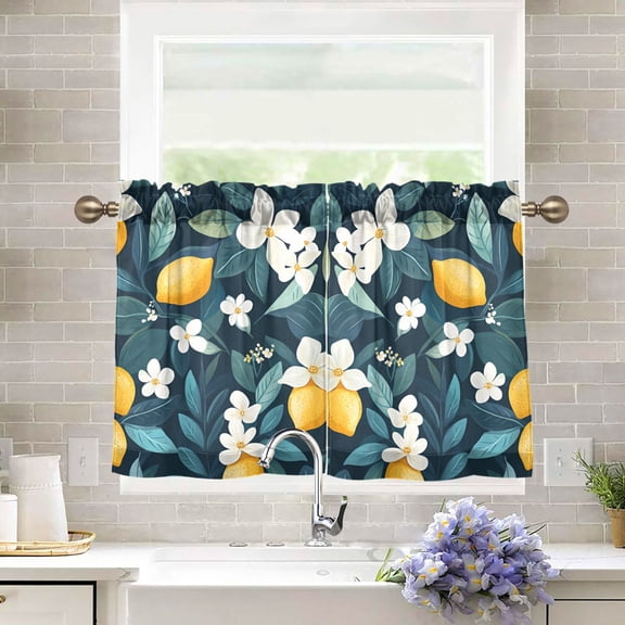 Yayeee Kitchen Curtains Tier Pair Light Filtering 27"x36" Rod Pocket Short Cafe Window Panel, Floral Lemon