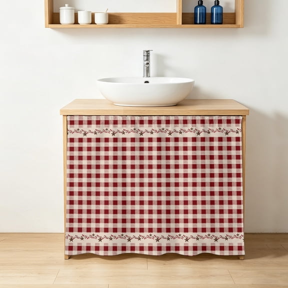 Cabinet Curtains for Kitchen,Classic Red Buffalo Plaid Sink Skirt Under Desk Privacy Drape Country Western Star Self Adhesive Closet Curtain for Home Bathroom Laundry Room,28"Wx35"L