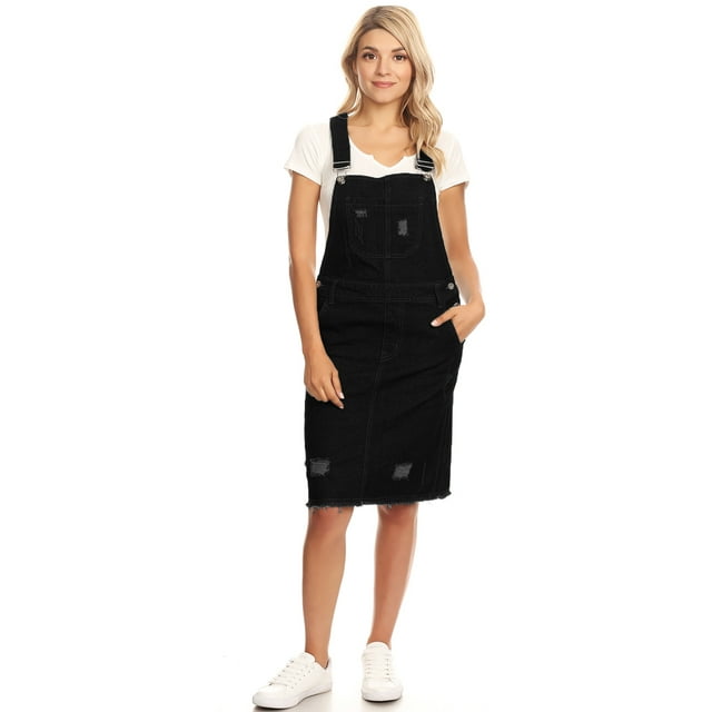 Junior Womens Distressed Denim Adjustable Strap Overall Dress, Black, Medium