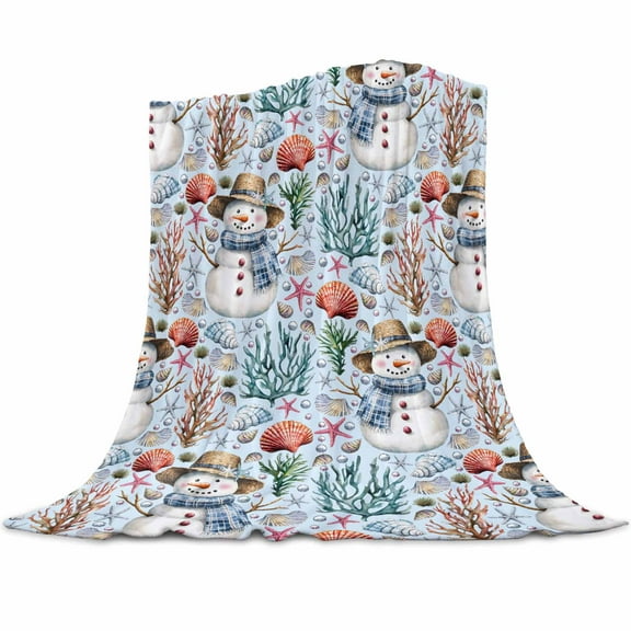 Christmas Ocean Flannel Blanket for Bed,Travel and Camping, Snowman Shell Coral Light Blue Super Soft Cozy Blanket for All Seasons 40"x50"