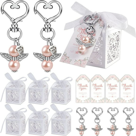 ASKITO 24Pcs Baby Shower Favors Kits, Angel Keychain, Candy Gift Boxes and Thank You Card, Party Favor for Gender Reveal, Baptism, Wedding, Birthday Guest Gifts, Pink