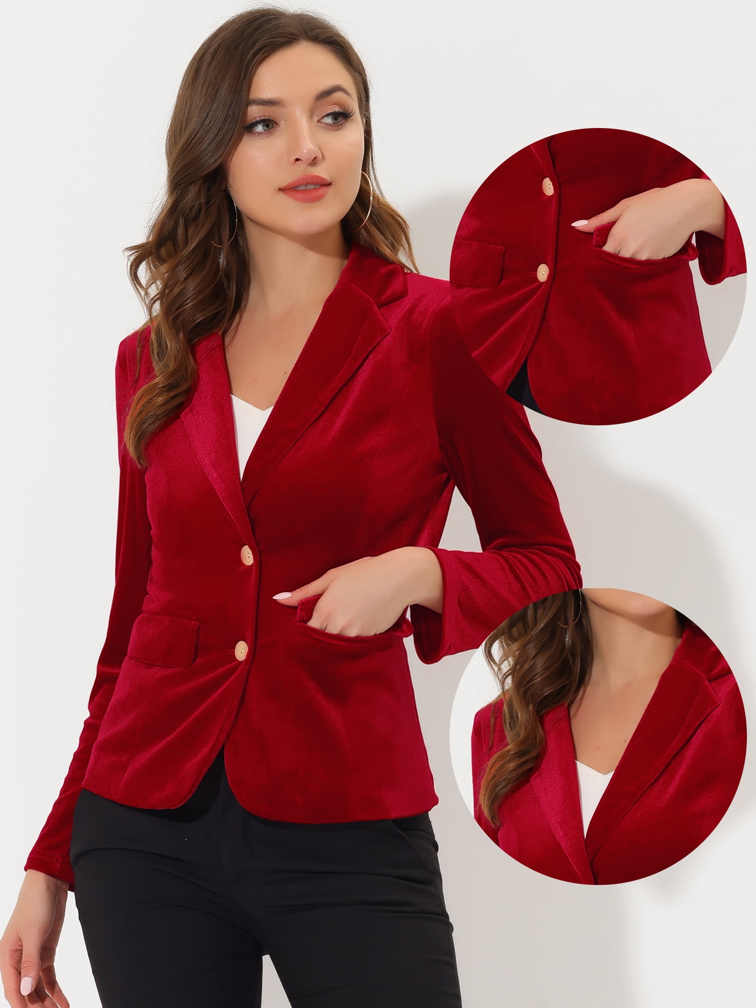 DARING DIVA Women's Notched Lapel Button Front Office Velvet Blazer M Red