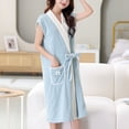 thumbnail image 2 of SHTXOZHI Women's Short Sleeve Bathrobe Long Open Front Towel Robe Side Tie Sleepwear Cute Color Block Homewear, 2 of 6