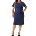 thumbnail image 2 of Agnes Orinda Plus Size Dress for Women Round Neck Short Sleeve Belted Knot Tie Midi Dresses 1X Navy Blue, 2 of 6