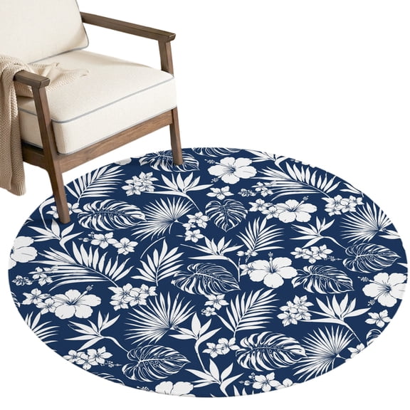 Tropical Blue Floral Round Area Rug 5ft Summer Botanical Monstera Leaves Floral Non-Slip Washable Circle Rugs Soft Felt Indoor Floor Mat for Bedroom Kitchen Living Room Bathroom