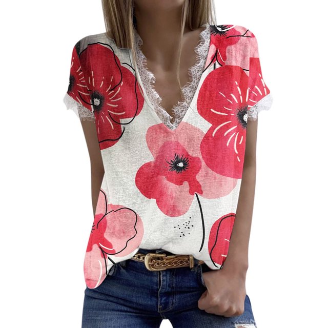 Tops de encaje básicos con estampado casual de manga corta con cuello en V delgado para mujer Fridja hjk4933