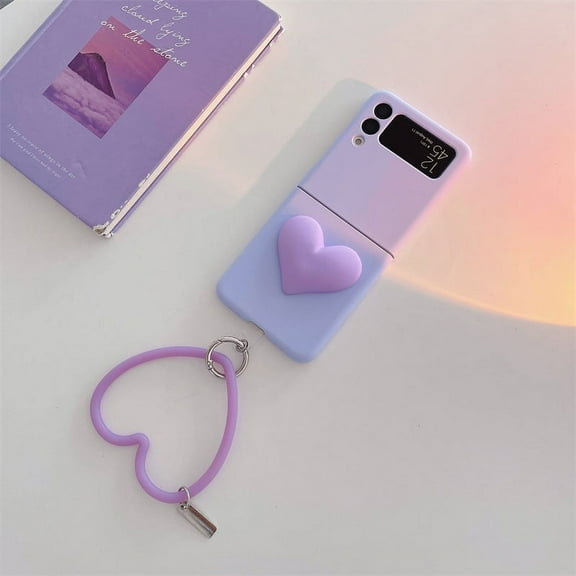 Case Compatible with Samsung Galaxy Z Flip 3 with Heart Chain Bracelet Strap Shockproof Z Flip 3 Case for Women Girls,Purple