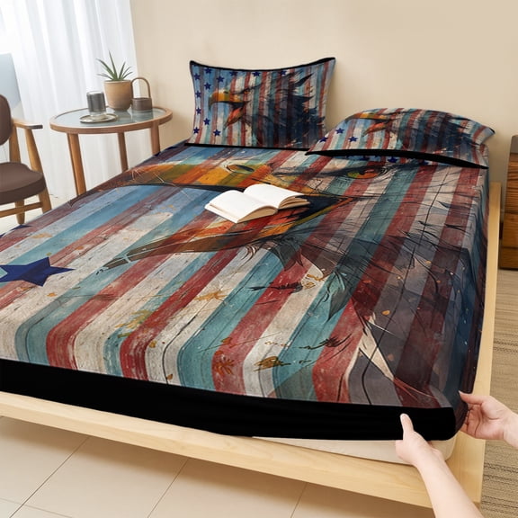 Cal.King Size Fitted Sheet Set - Eagle 3 Piece Bedding Sets 16" Deep Pocket Fitted Sheet with 2 Pillowcases, American Flag Blue Star Red Blue Striped Vintage Wooden Microfiber Hotel Bed Sheets