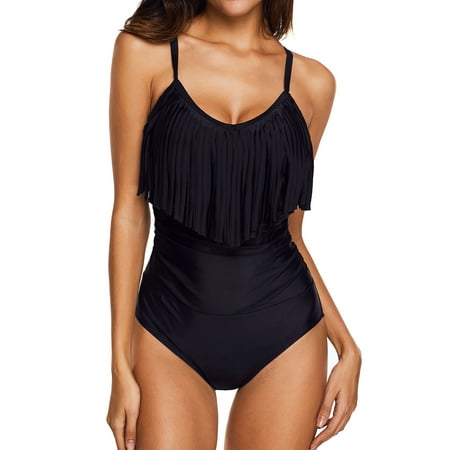 2019 New Black Tassels Braces Swimming Costume for Women, One-Piece Swimsuit, Padded Push-up Bra Swimwear Swimming (Best One Piece Swimsuits 2019)