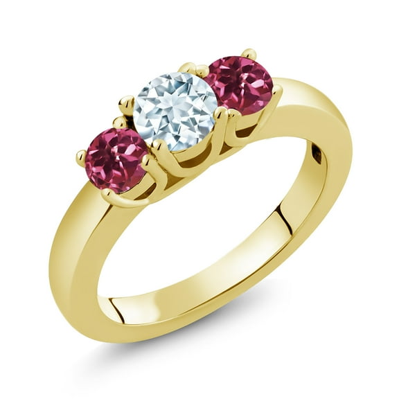 Gem Stone King 1.00 Ct Sky Blue Aquamarine Pink Tourmaline 18K Yellow Gold Plated Silver Classic 3-Stone Ring for Women (Size 6)
