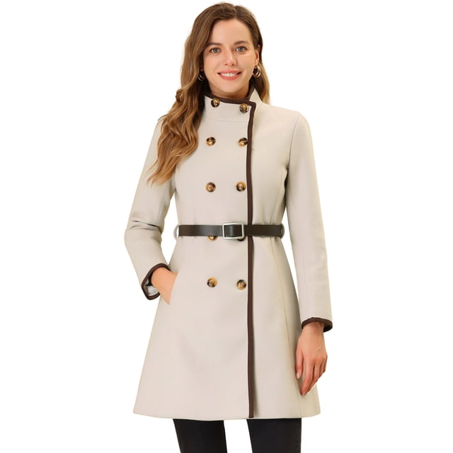 INSPIRE CHIC Abrigo largo con cinturón de invierno y cuello alto cruzado para mujer Beige L