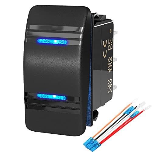 Marine Rocker Switch 12V 20A 3 Position ON Off ON DPDT 7 Pin 3 Way Rocker Switch Toggle Waterproof Blue LED Light with Jumper Wire for Automotive Car UTV ATV Boat