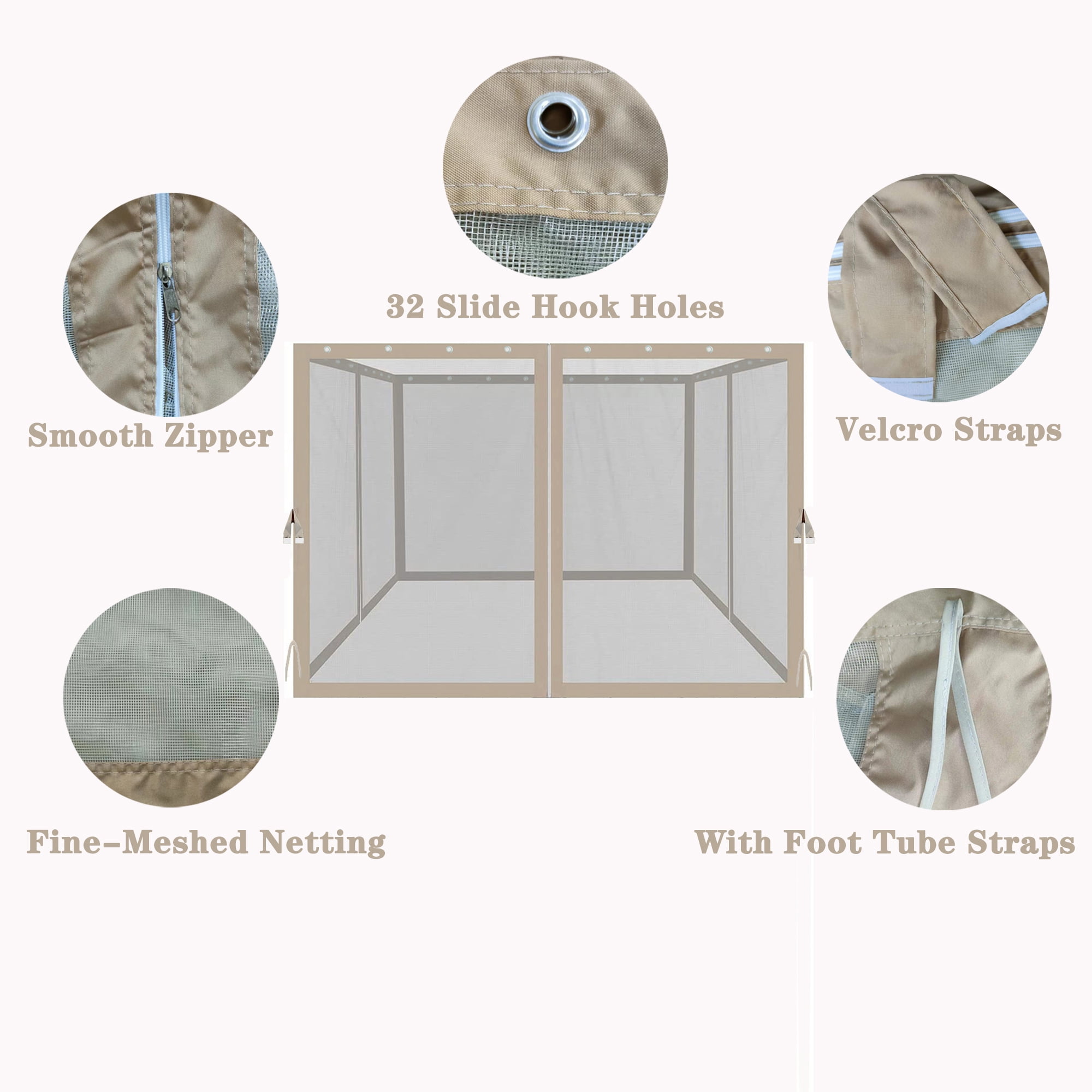 Replacement Mosquito Netting for 10' x 10' Gazebo with Zippers,4-Side Mesh Walls for Patio Gazebos,Beige