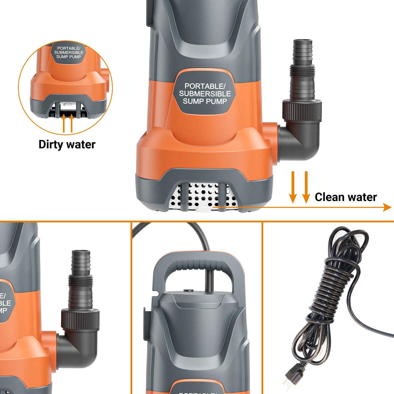 Sump Pump with Float Switch Submersible Water Pump Automatic 1.2HP 5000GPH Portable Dirty Clean Water Transfer Pump for Pool Draining Hot Tub Basement