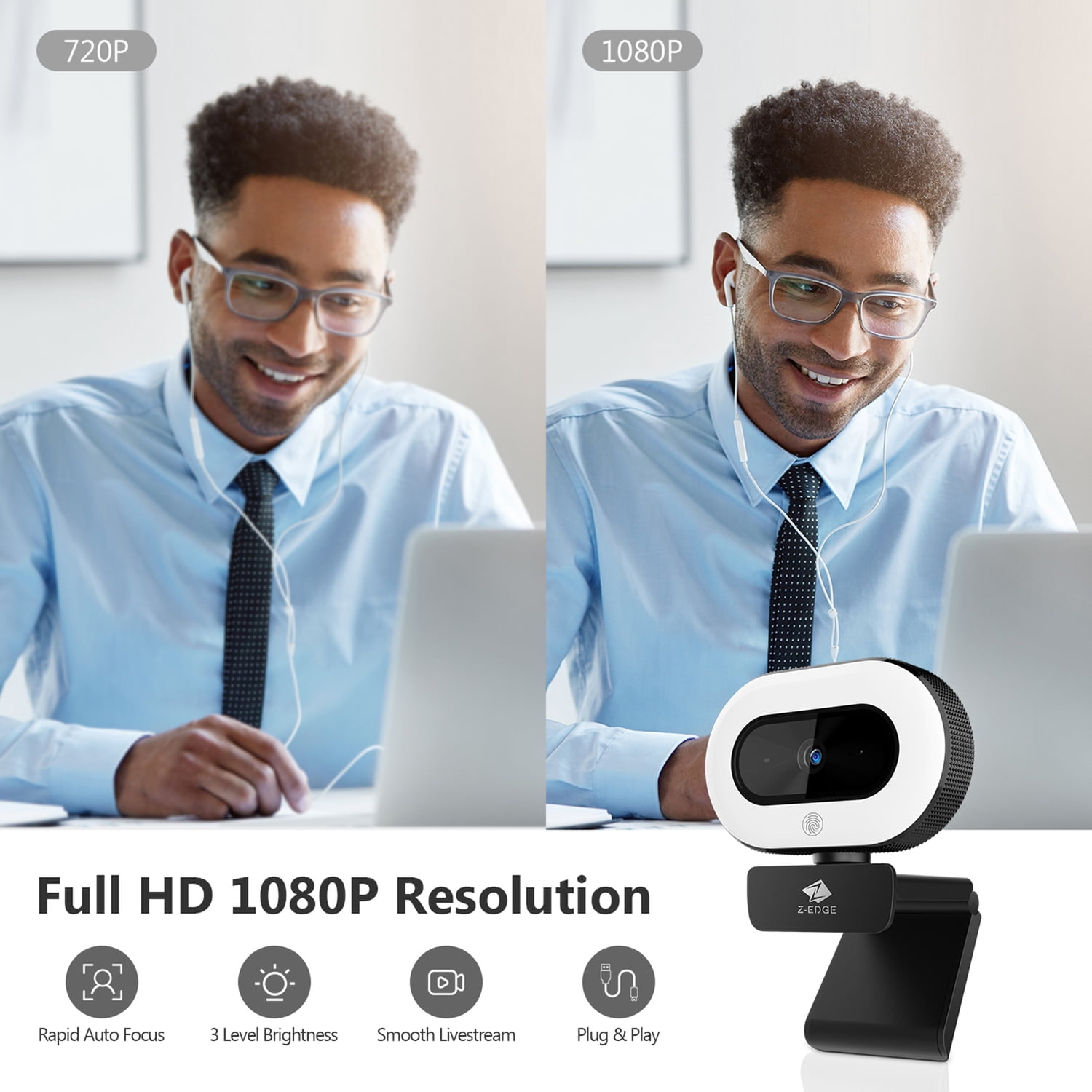 Z-EDGE Full HD 1080p 2.0-MP Auto-Focus Webcam and Ring Light with Full Directional Microphone, ZW560D, ZW560D