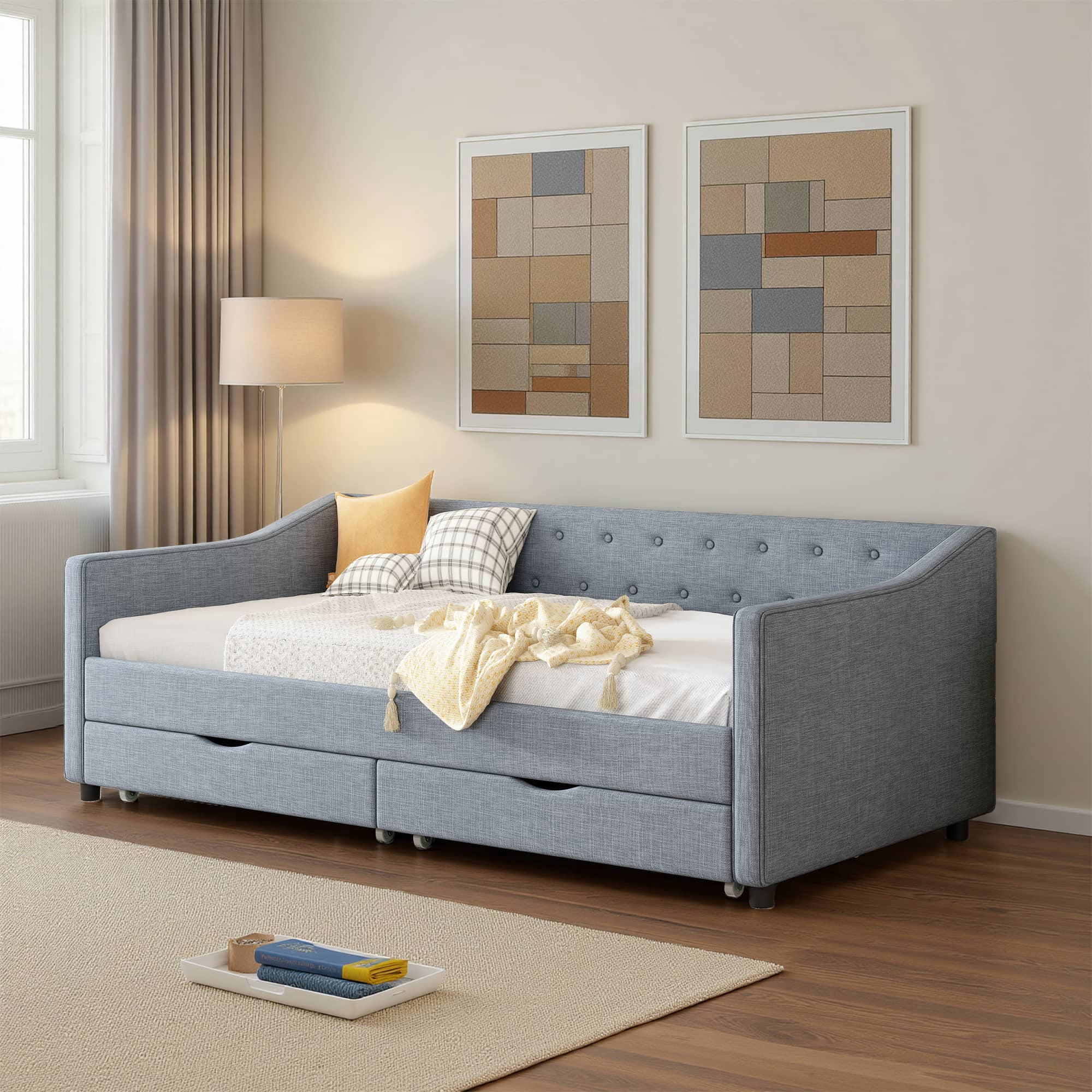 MAYEERTY Twin Size Upholstered Tufted Sofa Bed with Drawers, Light Grey