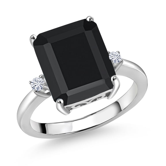 Gem Stone King 925 Sterling Silver 12X10MM Black Onyx and 2MM White Moissanite 3 Stone Engagement Ring for Women | 5.85 Cttw | Gemstone December Birthstone | Size 7