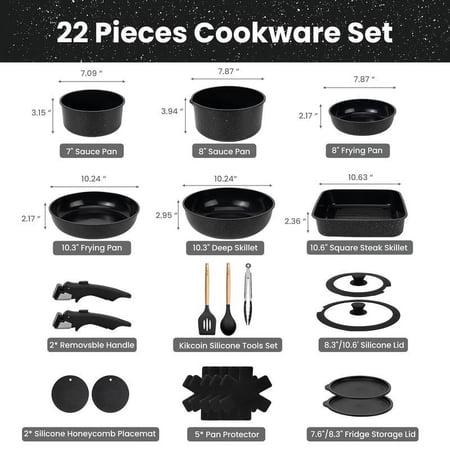 Non-Toxic Nonstick Ceramic 22 pcs pots and pans set complete Cookware Set with Lids,Detachable Handle,PFAS-Free,Dishwasher Oven Safe,Kitchen Outdoorfun Induction Compatible