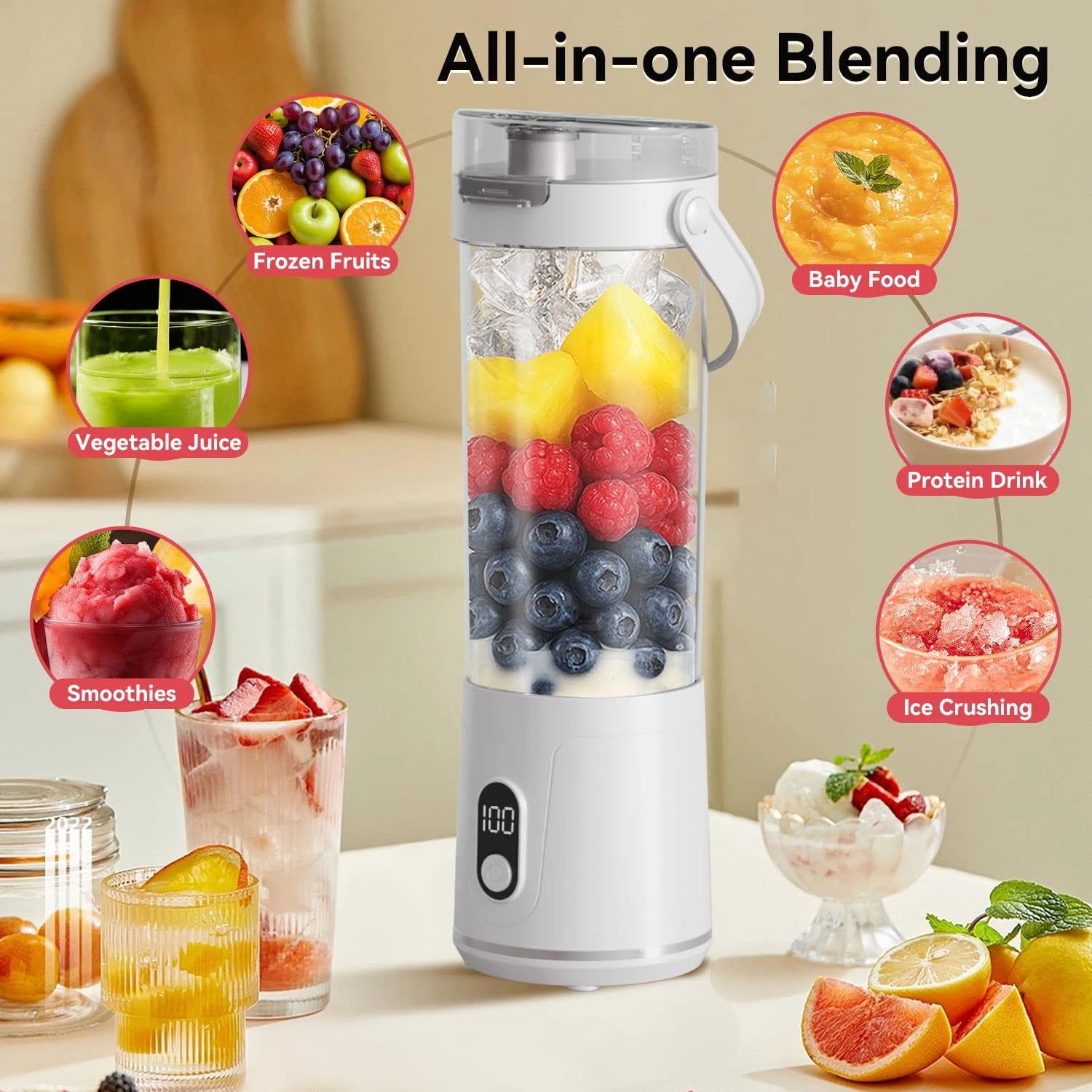 Portable Personal Electric USB Juicer，500ML Mini Blender Portable Blender For Shakes and Smoothies juice，12 Blades Great for Mixing，Compact、Convenient and Versatile (white)