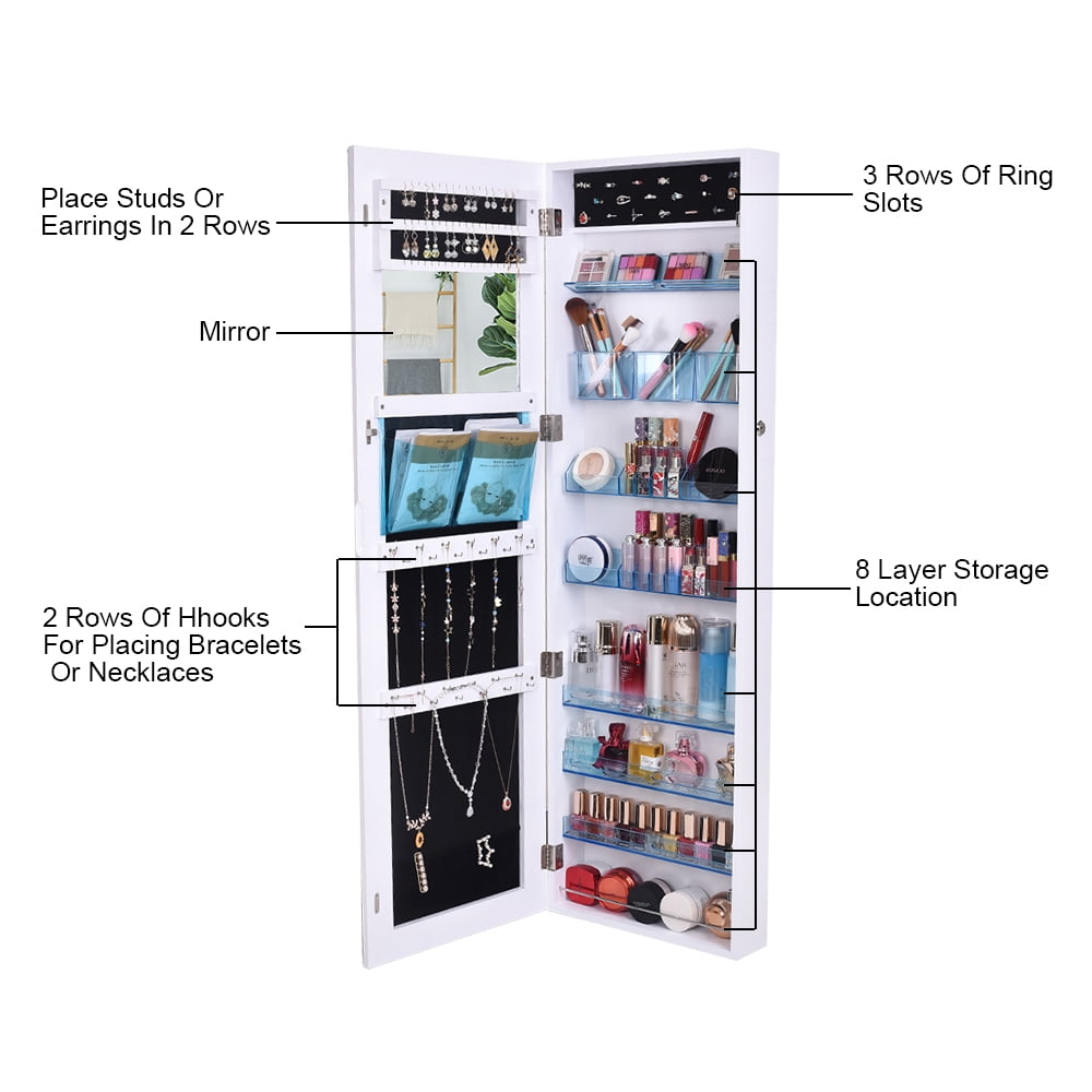 Kepooman 8-Layer Wall Mounted Acrylic Storage Mirror Cabinet, Modern Lockable Jewelry Armoire for Earrings Necklaces, White Kepooman 8-Layer Wall Mounted Acrylic Storage Mirror Cabinet, Modern Lockable Jewelry Armoire for Earrings Necklaces, White
