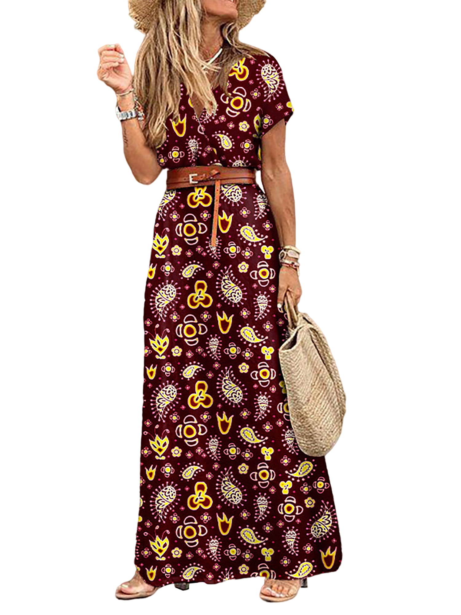 Frontwalk Women Maxi Dresses Summer Boho Long Dress Floral Print Short
