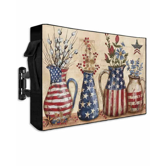 Farmhouse 4th of July Outdoor TV Cover 52 to 55 Inch Weatherproof, American Country Star Botanical 600D Oxford TV Covers with Waterproof Zipper, Outside Flat TV Screen Protector Size 52"Wx19"Hx4.5"D