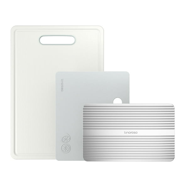 Linoroso Cutting Boards Set for Kitchen Included Defrosting Tray for Frozen Meat, Plastic Cutting Board Dishwasher Safe - Chalk White