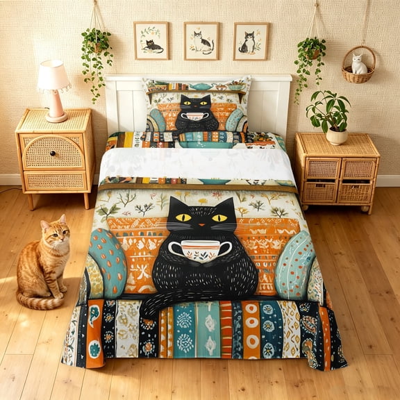 Manfei Tribal Kitten Twin Sheets, Bohemian Damask Flower Bedding, Orange Cream, 3pcs, 1 Flat Sheet, 1 Fitted Sheet and 1 Pillowcase