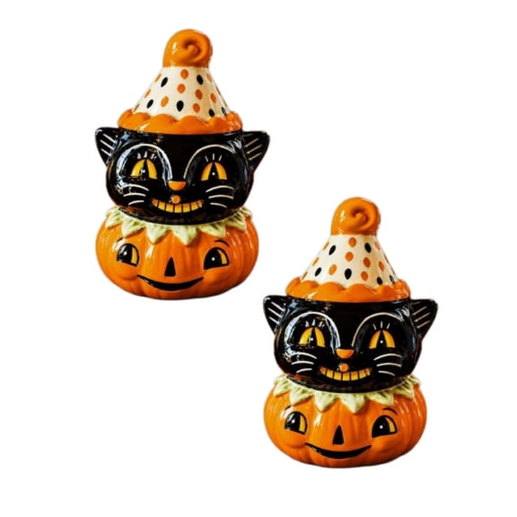2Pcs Ceramic 3.9" Halloween Cookie & Candy Jar With Airtight Lid: Perfect For Kitchen Canisters, Pet Treat Containers & Fall Decorative Candy Dish, Black Cat Pumpkin