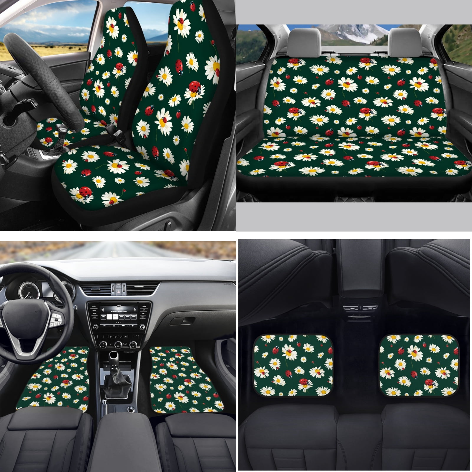 Yuyamidu Daisy Car Seat Cover Set of 15 Ladybug Car Carpet Mats Steering Wheel Cover Seatbelt Cushion Pad Gear Shift Knob Cover Set Cup Holder, Green