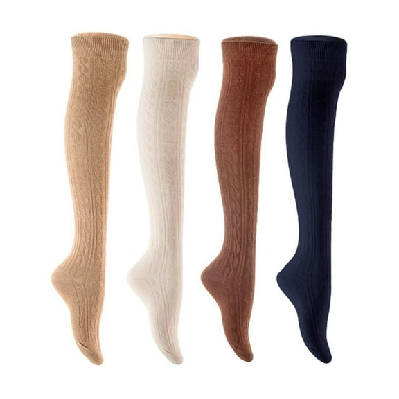 Lian LifeStyle Women's 4 Pair Adorable Comfortable Soft Thigh High Over Knee High Cotton Socks Size 6-9 L1024 Beige,Cream,Coffee,Navy