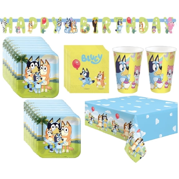 Bluey Birthday Party Bundle Pack includes 16 Lunch Plates, 16 Napkins, 16 Cups, 1 Tablecover, 1 Jointed Banner, 1 Dino Sticker
