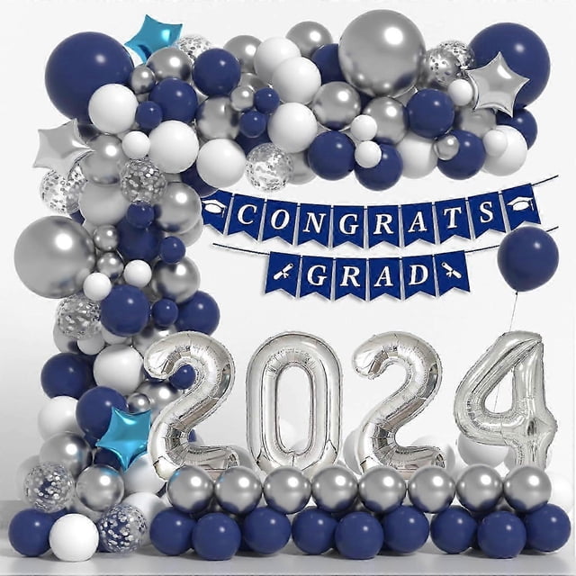 high qualityGraduation Decorations Class of 2024, Navy Blue & Silver Graduation Party Decor, Balloon Arch Garland Kit Silver Confetti Balloons Congrat