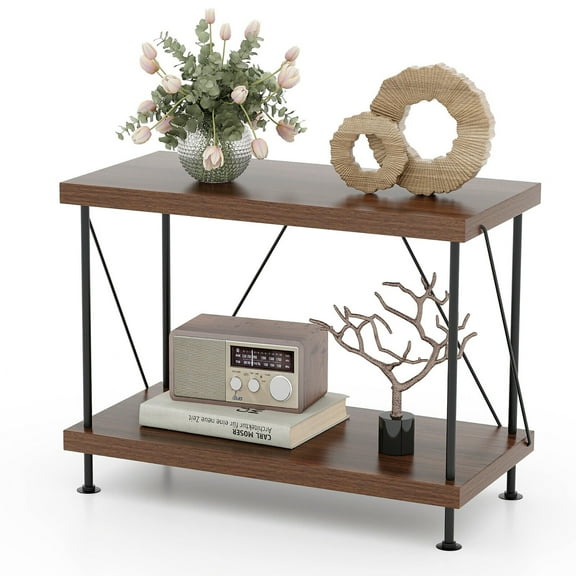 Gymax 2-Tier Multipurpose Display Rack Freestanding Bookshelf w/ Metal Frame Walnut