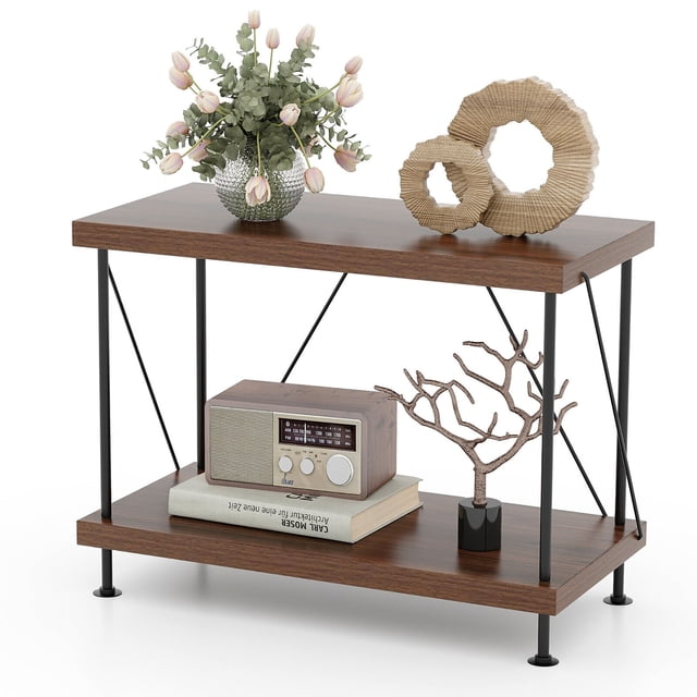 Gymax 2-Tier Multipurpose Display Rack Freestanding Bookshelf w/ Metal Frame Walnut
