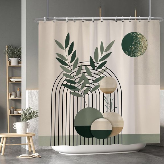 Mid Century Bohemia Shower Curtain Green Moon Leaves Shower Curtain for Bathroom Geometric Aesthetic Bathtub Bathroom Decor Polyester Durable Shower Curtain with Hooks 72x72 Inches