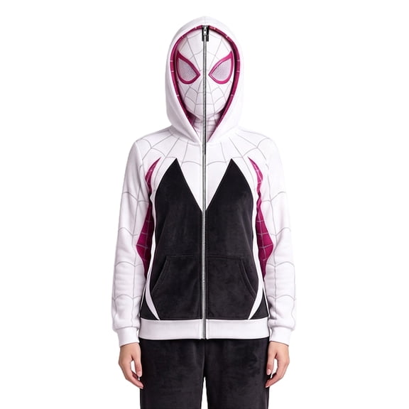Kids Full-Zip Fleece Hoodie with Mask, Superhero Web Print Costume Sweatshirt for Halloween Party White 120