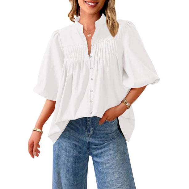 Blusa PRETTYGARDEN para mujer, verano 2025, manga corta, blanca